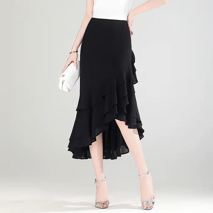 Jupe en mousseline à volants irréguliers, coupe sirène asymétrique, taille haute, noire, pour femme,