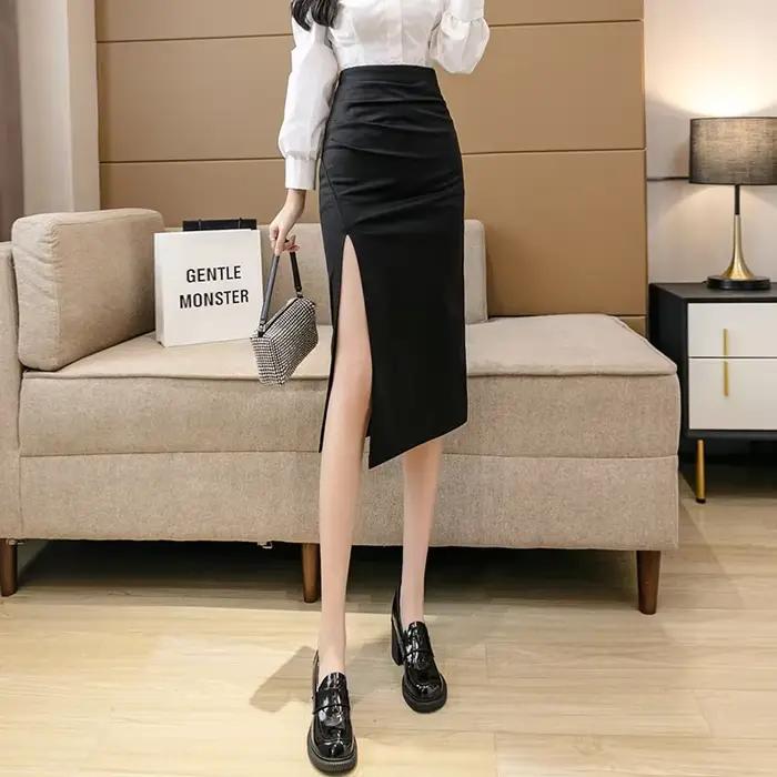 Jupes noires mi-longues sexy Owmen 2024 mode élégante taille haute Faldas Largas Style coréen bureau
