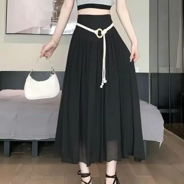 Jupe trapèze en coton et lin rose pour femmes, jupe flottante fine mi-longue plissée à lacets, été