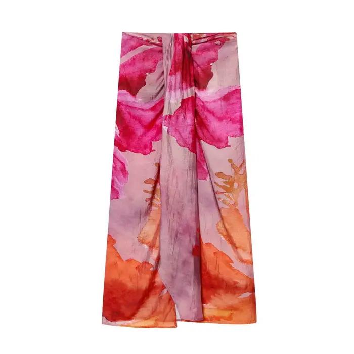 Jupe mi-longue simple et tendance à imprimé floral, polyvalente, en tissu polyester, style urbain, c