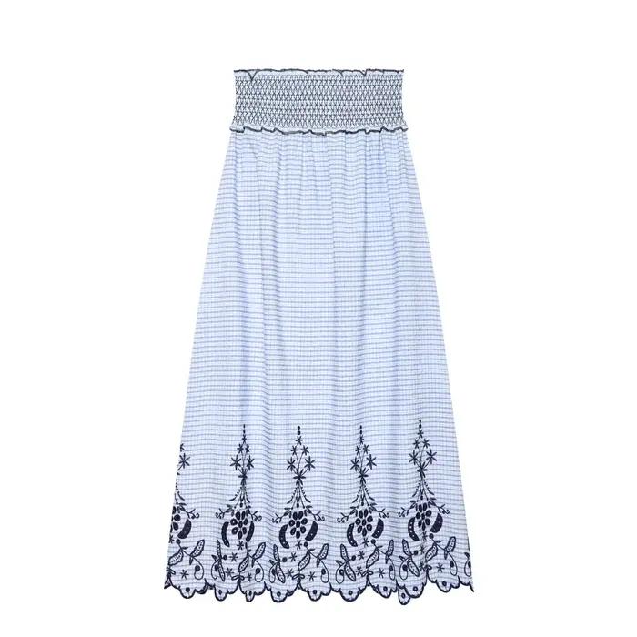 Jupe longue maxi bohème à carreaux HH, taille élastique smockée, broderie florale ajourée, idéale po