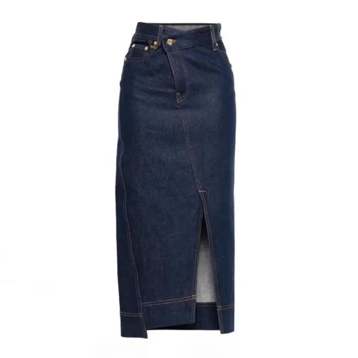 Jupe en jean pour femme, nouvelle collection, design fendu, taille haute, coupe ajustée, mi-longue, 