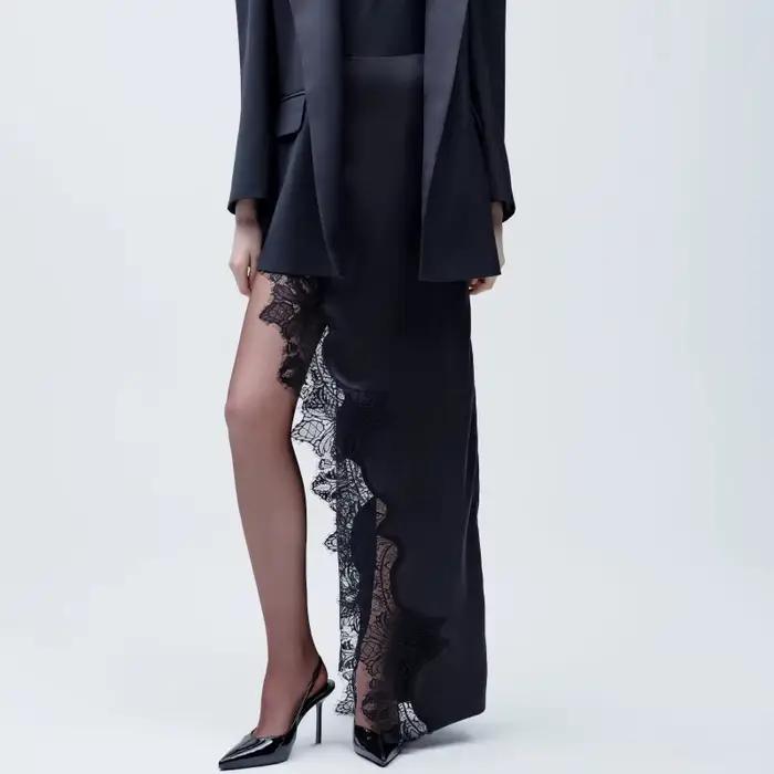 Femmes soie Satin demi-glissement jupes longues dentelle garniture asymétrique Maxi jupe élégante so