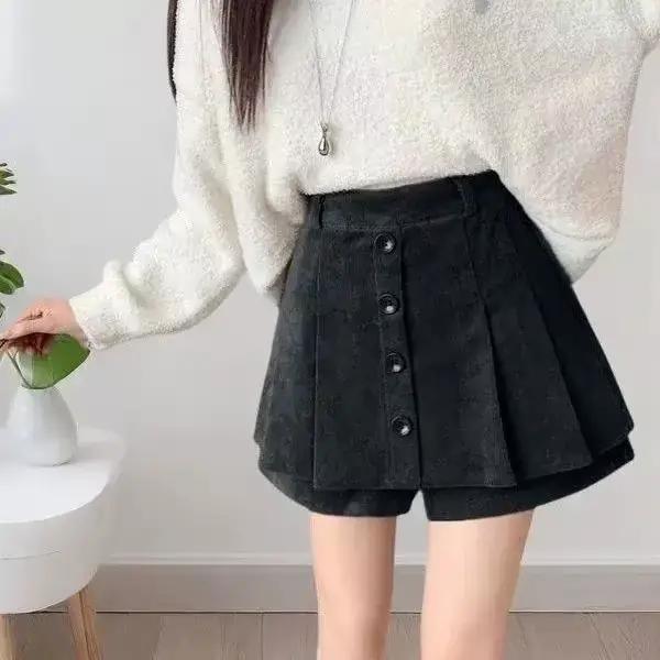 Jupe pantalon en velours côtelé pour femmes, nouveau short rétro plissé taille haute avec bande pola