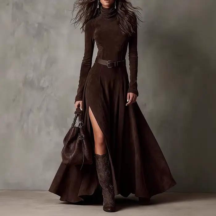 Mode femmes col roulé robe longue femmes automne hiver à manches longues a-ligne fendue robes de soi