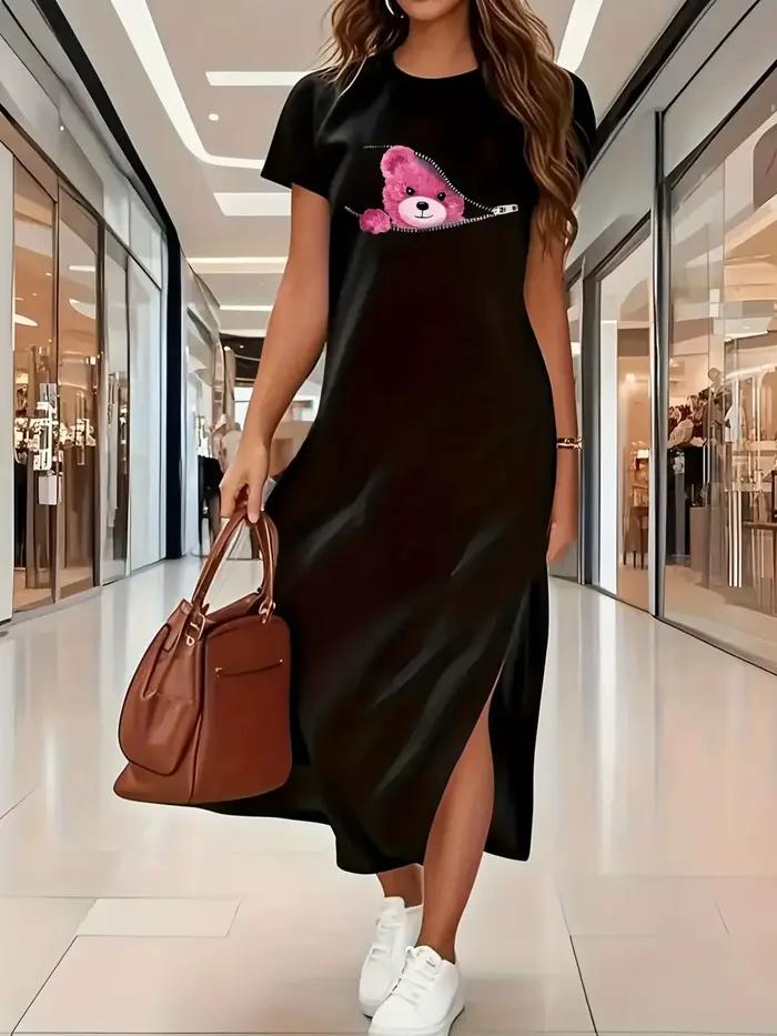 Robe d'été longue t-shirt pour femmes, noire, élégante, jupe fendue, graphique ours rose