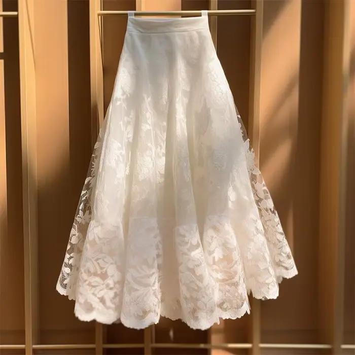 Vintage élégant blanc a-ligne jupes douce dentelle maille jupe pour femmes taille haute ample mi-lon