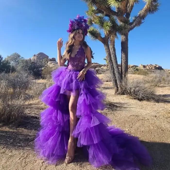 Jolies jupes longues en Tulle pour femmes, superposées violettes, hautes et basses, pour fête, ceint