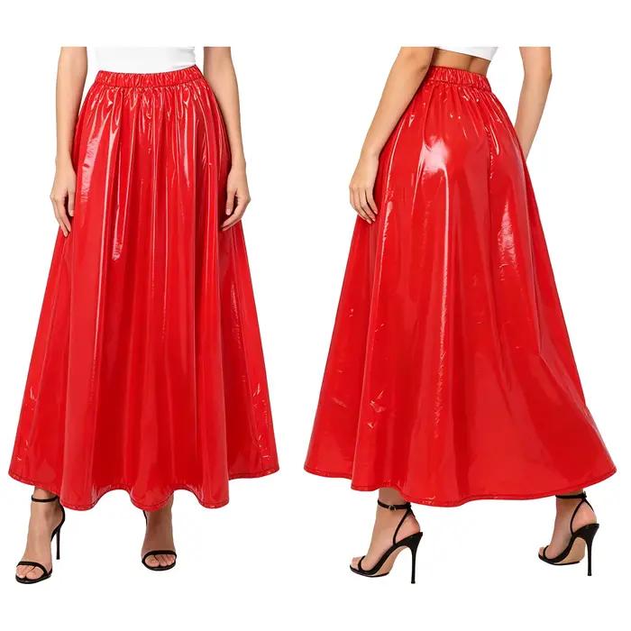 Jupe longue maxi brillante pour femme, en vinyle imperméable, avec taille élastique, style évasé, po