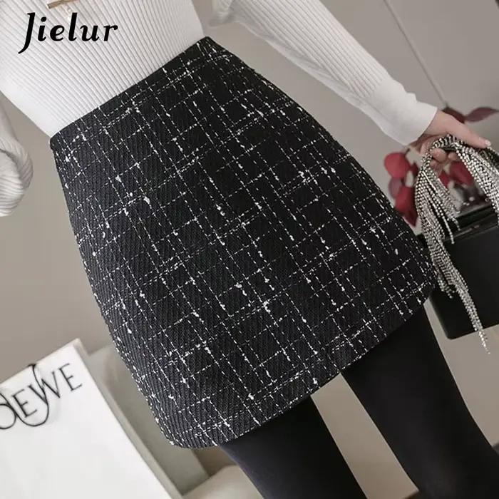 Jielur Femmes Jupe A-ligne Slim Taille Haute Fermeture Éclair Automne Hiver Noir Mini Jupes Femmes C