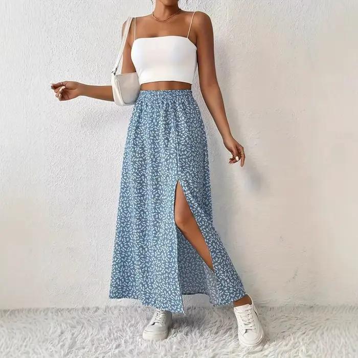 Vêtements d'été pour femmes, longue jupe à imprimé floral, jupes fendues, jupe maxi bleu clair taill