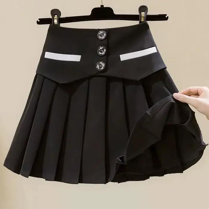 Mini jupe plissée à boutons assortis avec fermeture éclair, taille haute, mode coréenne, école, Kawa