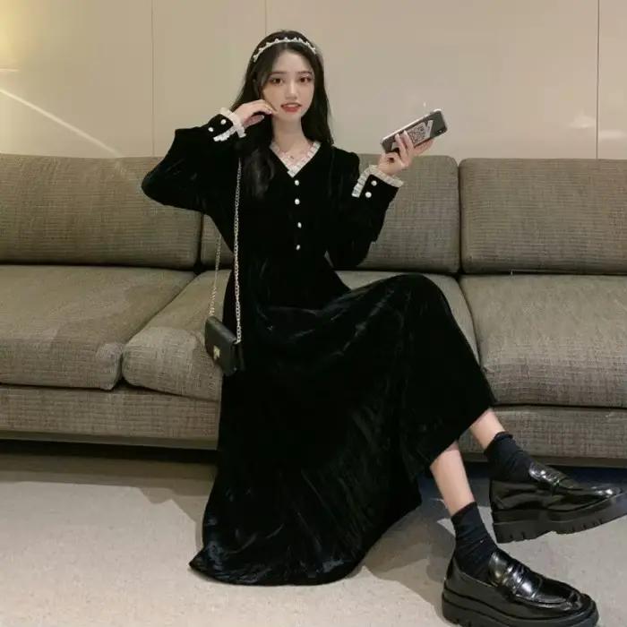 Jupe intérieure pour femmes, automne et hiver, Base, col en v, jupe longue féerique, petite robe de 