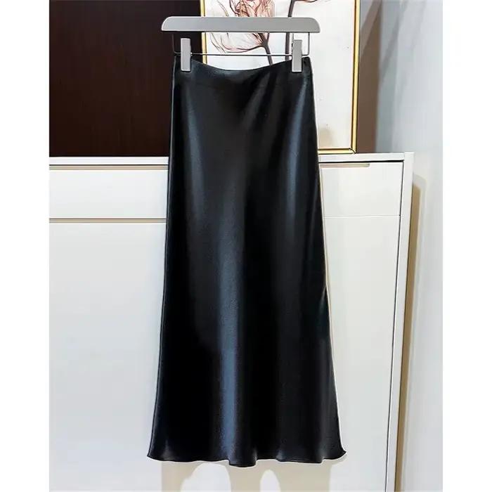 Jupe en satin noir taille haute pour femme, jupes longues élégantes, mode de rue, midi d'été, bureau