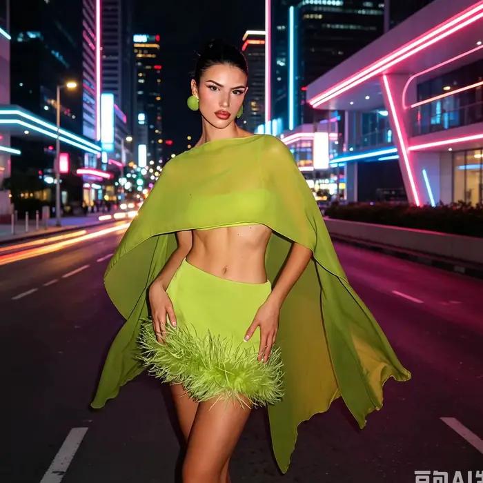 Jupe mini moulante taille haute vert lime avec bordure en plumes pour cocktail, soirée, club, événem