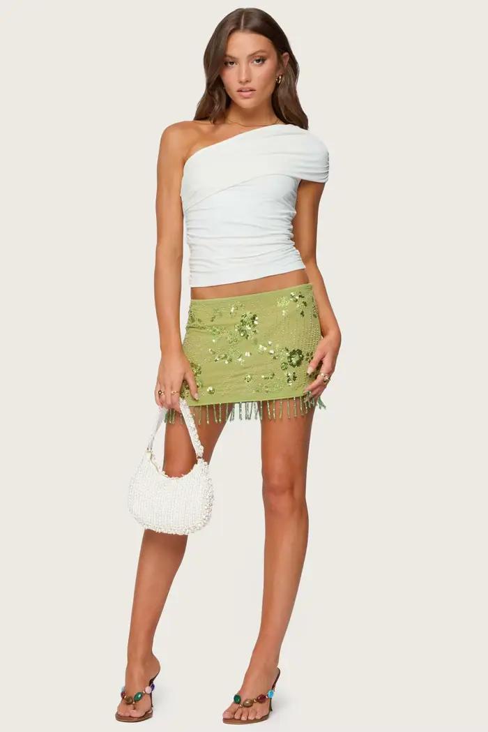 Mini-jupe amincissante à sequins, taille haute, imprimé floral, style rétro, en polyester, tendance 