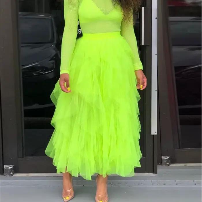 Jupe en tulle superposée vert vif pour femme, volants à la mode, longueur de rinçage, jupes maxi, ro