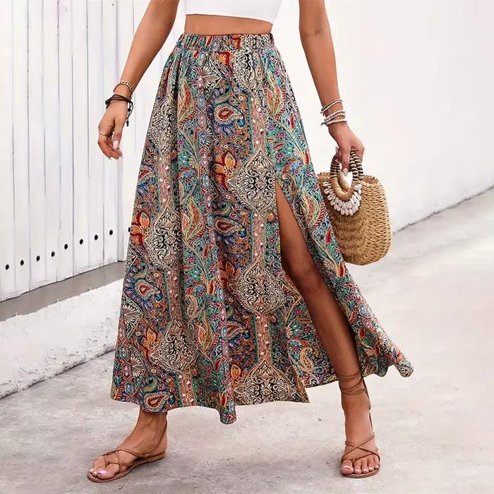 Jupe longue vintage bohème à imprimé ethnique pour femme, été 2026, décontractée, taille haute, élég
