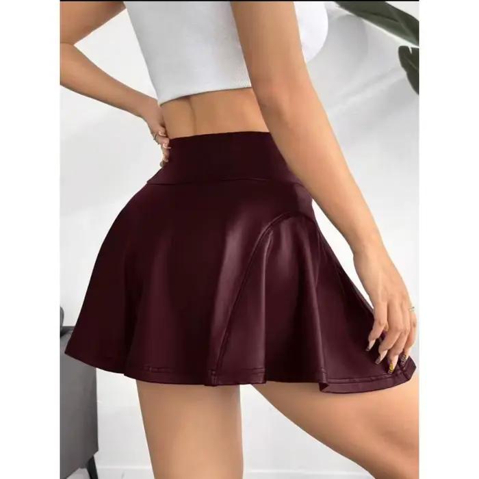 Mini-jupe taille haute évasée pour femme, style motard, effet amincissant, surface brillante, tendan