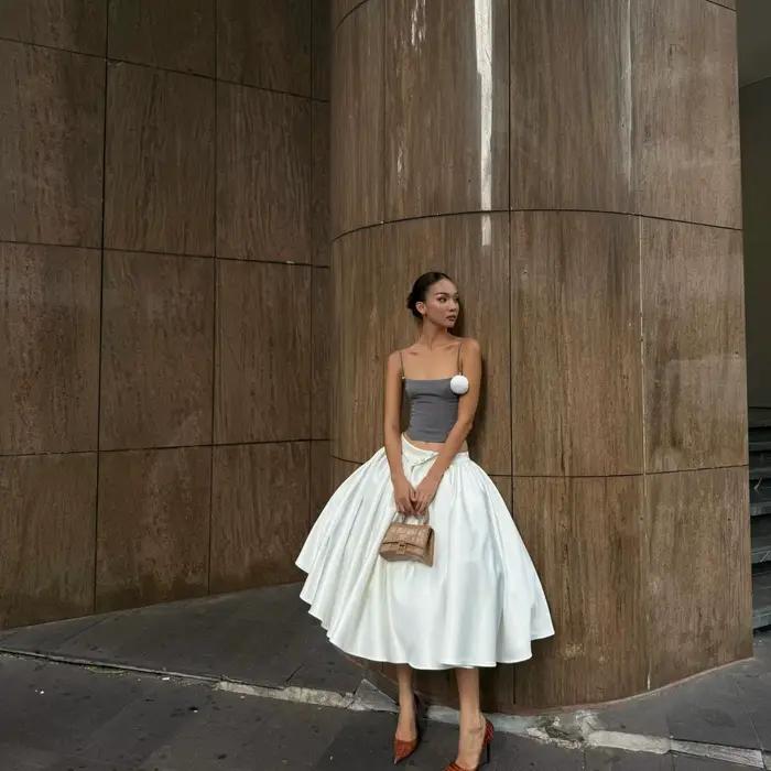 Jupe mi-longue trapèze blanche élégante pour femmes, taille haute, en Satin, évasée, pour bureau, fê