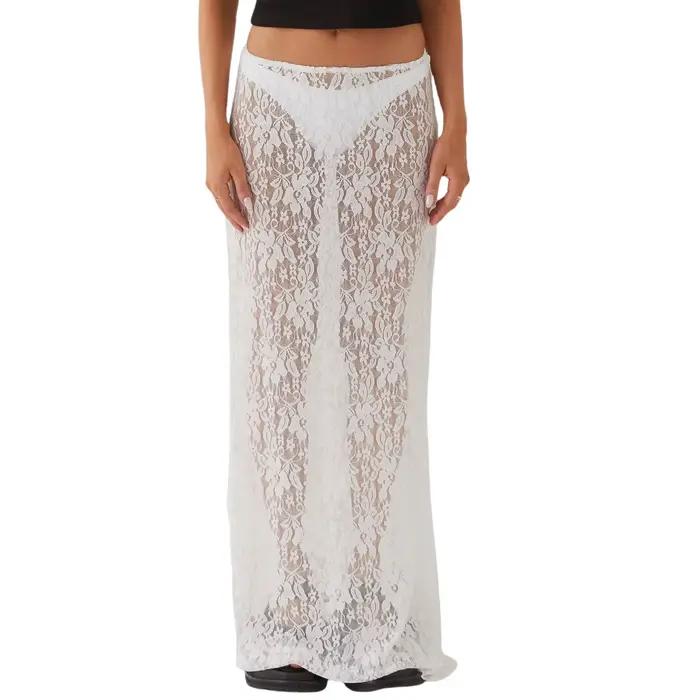 Jupe longue en dentelle pour femme, taille élastique, transparente, sexy, club, plage, bikini, été, 