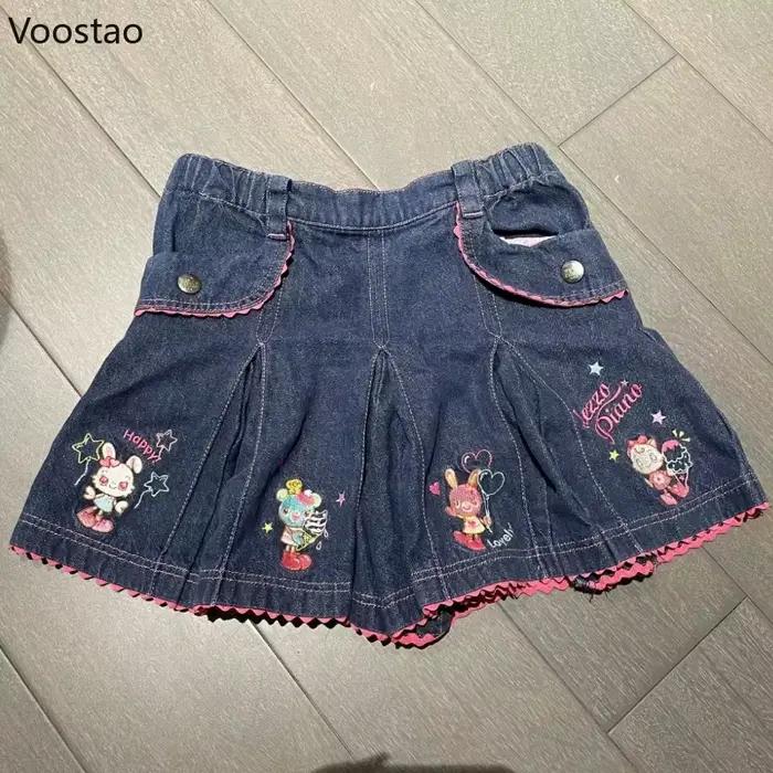 Jupe en jean de style Lolita pour femme, mini jupes brodées de lapin de dessin animé, jupe courte de