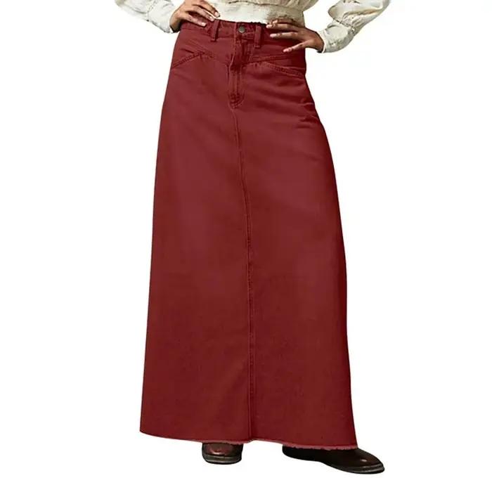 Jupe longue en denim minimaliste pour dames, monochromatique, taille haute, bord brossé, jupes A-Lin