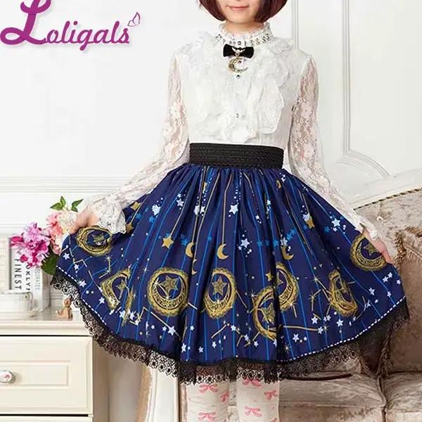 Mori Girl – jupe patineuse bleue, imprimé lune et étoile, courte plissée, Lolita, taille élastique