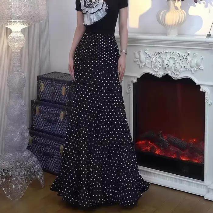 Jupe noire à pois pour femme, nouvelle collection été-automne, taille haute, élégante, longue, coupe