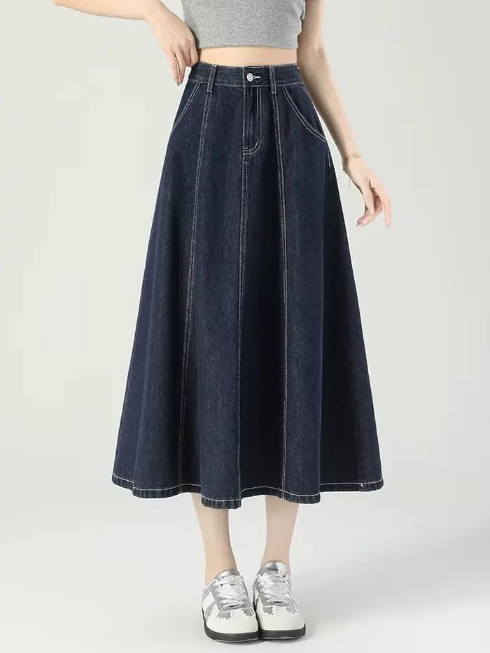 GUUZYUVIZ bleu profond taille haute Vintage a-ligne Denim Midi jupes femmes mode coréenne décontract