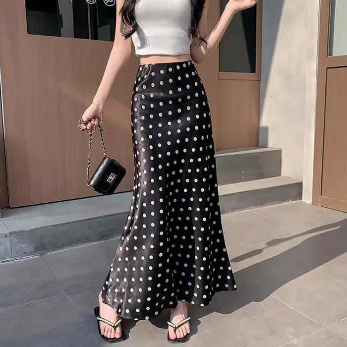 ZOCI Jupe sirène en satin à pois - Jupe mi-longue fluide et moulante taille haute flatteuse pour fem
