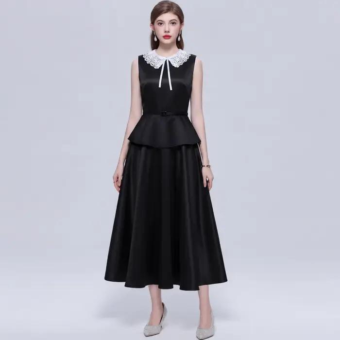 Nouvelle Robe Longue de Soirée Élégante Française d'Été pour Femme, sans Manches, avec Nœud, Col Cla