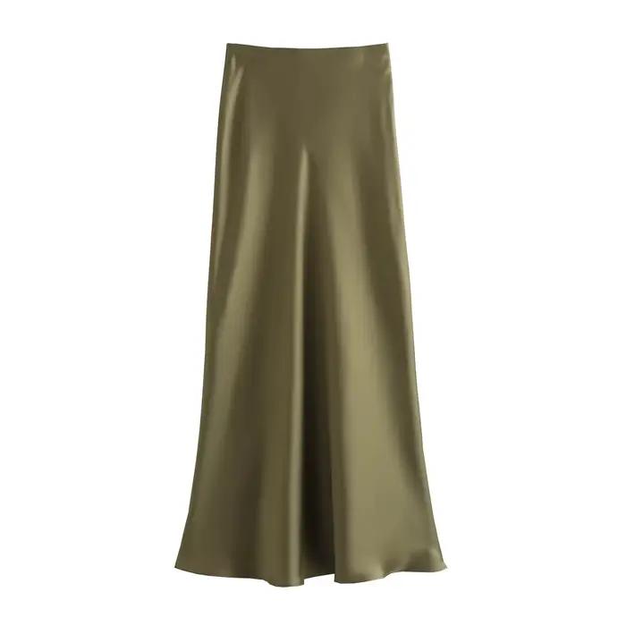 HH femmes élégant solide Satin jupe longue Chic Y2K taille haute jupes minces femme mode soie Textur