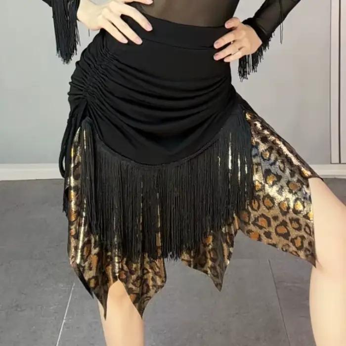 Jupe de danse latine pour femmes, robe noire à franges, entraînement de salsa, cha-cha, danse de sal