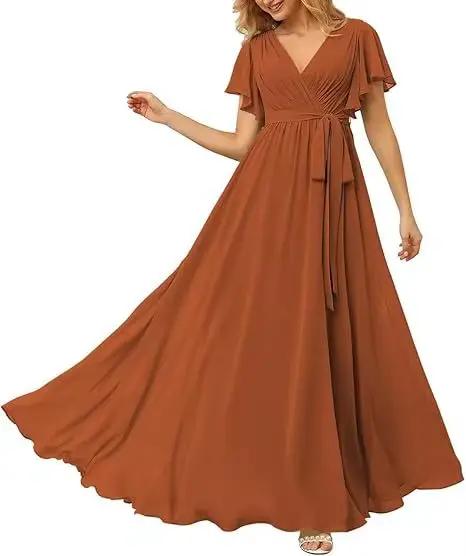 Robe longue en mousseline de soie pour femmes, Semi-formelle, manches courtes, col en v, longueur au