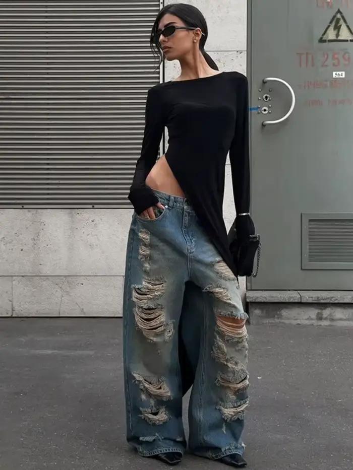 Robes longues noires solides pour femmes, vêtements grunge, streetwear à manches longues, robes fend