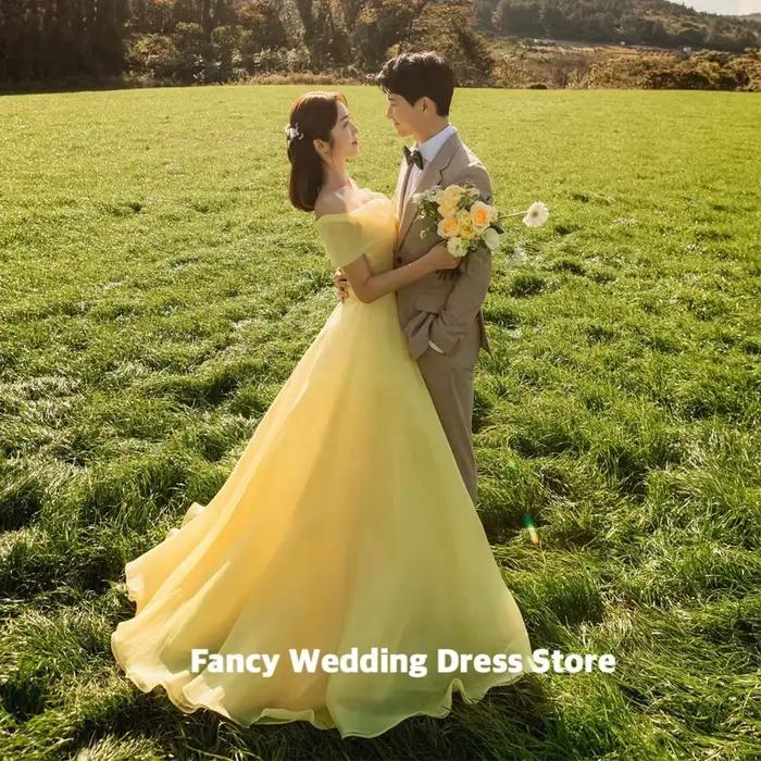 Robe de soirée jaune ligne A simple pour femmes, robe de Rhlongue, organza coréen, mariage de jardin