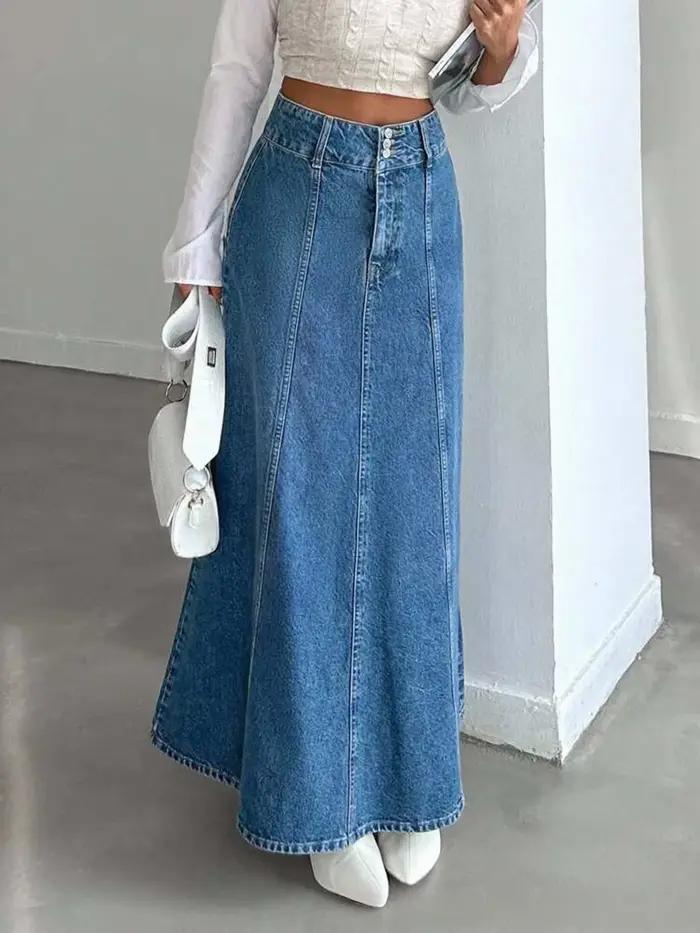 Jupe midi longue en jean pour femme pour les saisons de printemps et d'automne. Convient pour divers