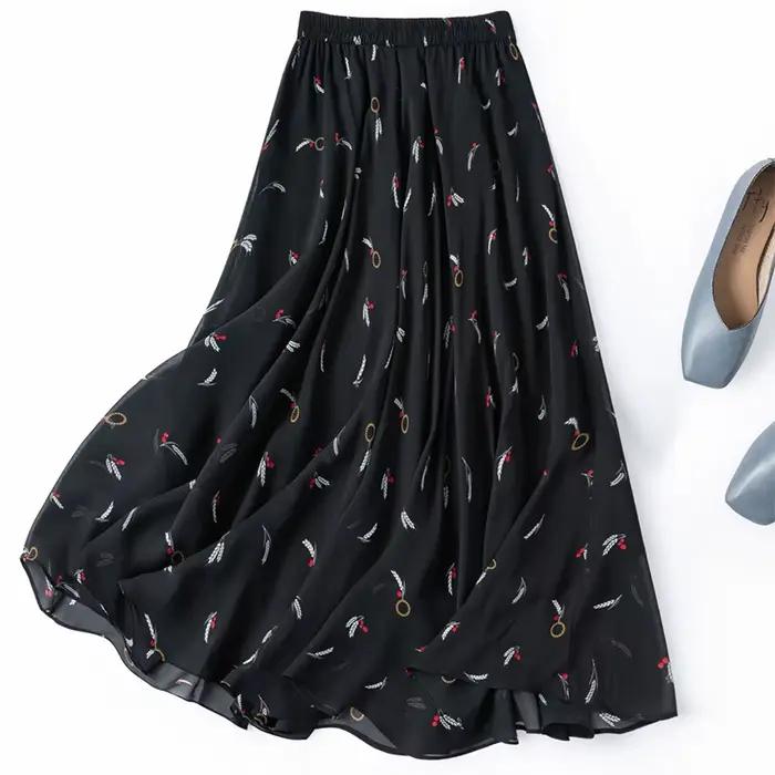 Jupe en soie pour femme 100% soie de mûrier noire avec double doublure, taille élastique, idéale pou