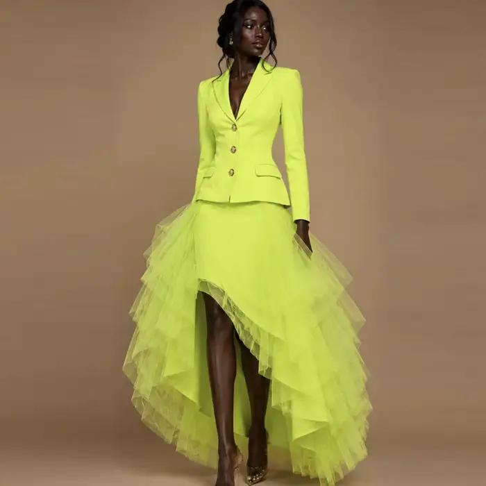 Jupe de bureau vert fluorescent pour femme, sans haut, asymétrique, taille haute, en tulle superposé