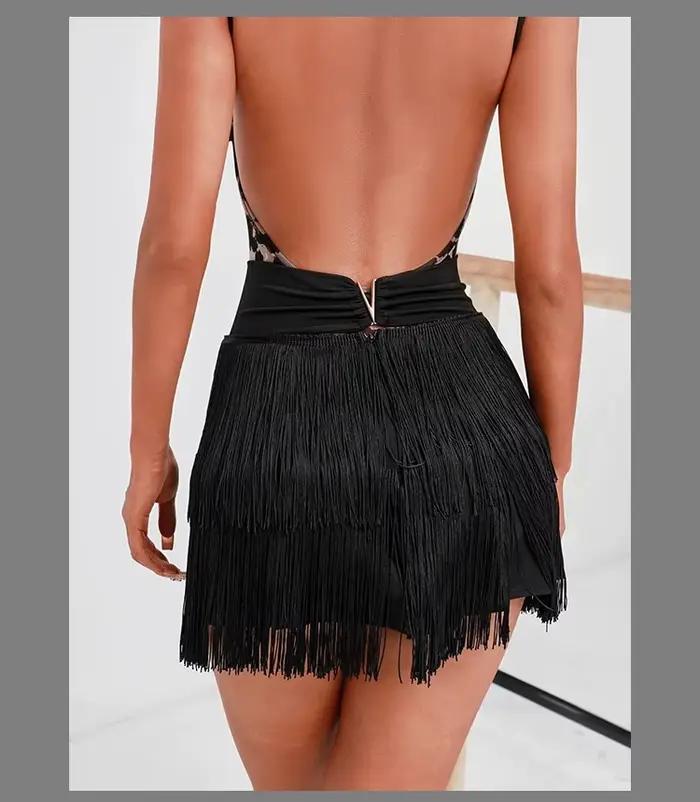 Jupe latine mi-longue à franges, design élégant avec pompons, tenue de danse extensible pour adultes