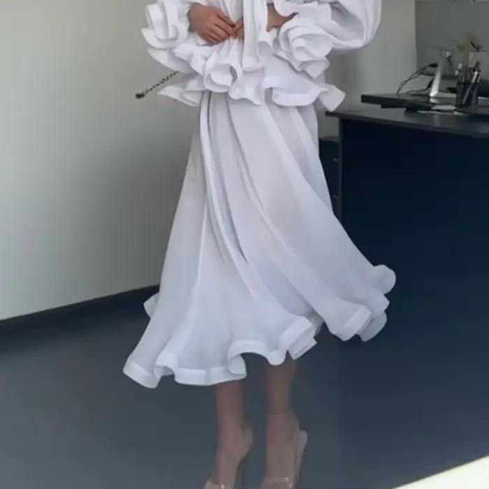 Ensemble chic 2 pièces pour femme : chemise à manches cloche et jupe, col en V, volants, avec écharp