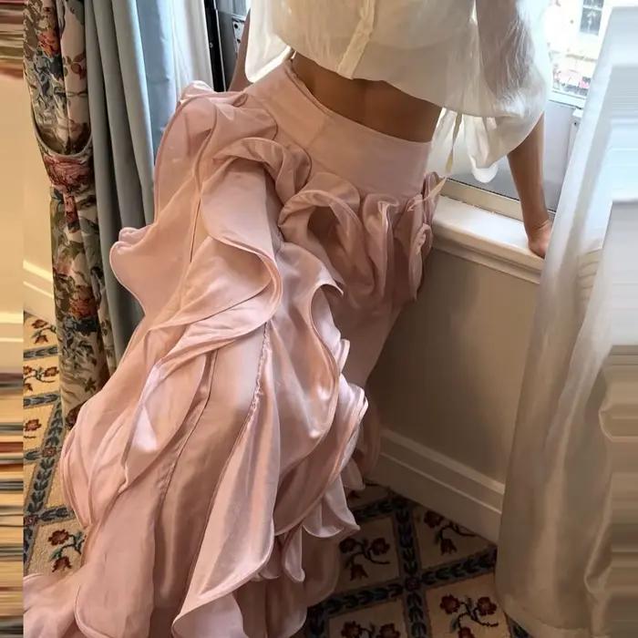 Jupes à volants rose poudré pour femmes, jupes de soirée taille haute pour femmes, jupe longue en sa
