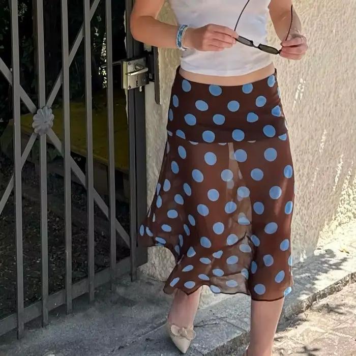 Hirigin élégant bleu à pois jupe femmes asymétrique en mousseline de soie jupe Midi Y2K été mode vac