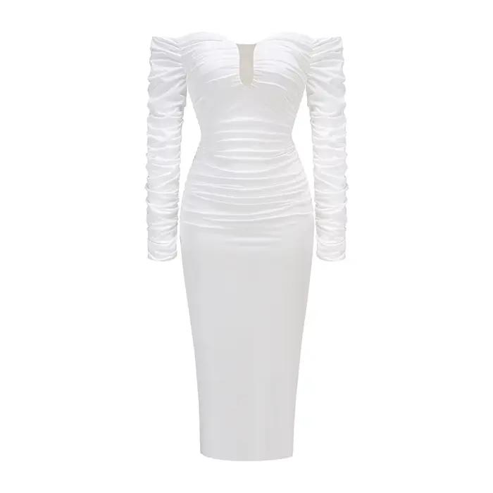 Robe mi-longue blanche Chic, épaules dénudées, avec décolleté en V profond, haut de gamme, pour fête