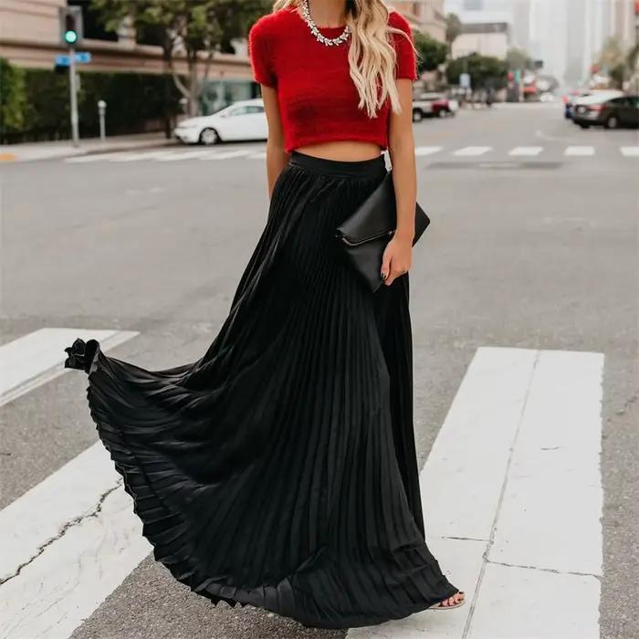 Sexy vin rouge Maxi Jupe plissée femmes mode automne hiver longues jupes plissées Style coréen Jupe 