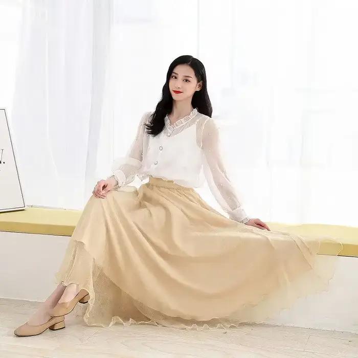 Jupes mi-longues en mousseline de soie pour femmes, taille haute, vêtements esthétiques Harajuku, Ch