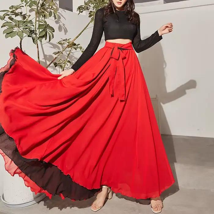 Jupe longue en mousseline de soie pour femmes, élégante, décontractée, taille haute, style Boho, dan