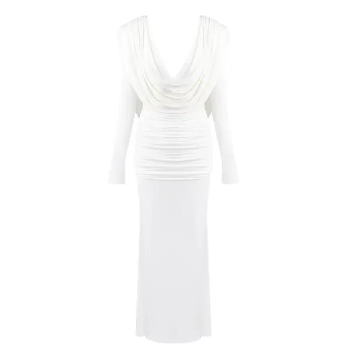 Robe longue marron élégante pour femmes, manches longues, col suspendu, idéale pour les événements f