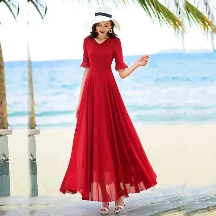 Femmes nouveau col en v jupe longue florale femme 2025 été élégant vacances Cool sentiment en mousse